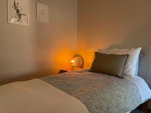 um quarto com uma cama com um candeeiro sobre uma mesa em Daisy House - Whittington - 10 minutes to central Geelong 