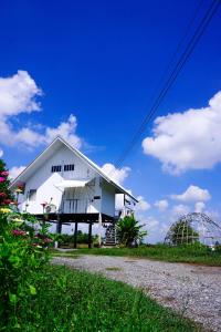 eine weiße Scheune und eine Glaskuppel auf einem Feld in der Unterkunft The 99 Cottage (บ้านทุ่งบางปลาม้า) in Suphan Buri