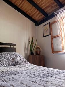 1 dormitorio con cama blanca y ventana en Casa Betania, entorno natural, en Páramo