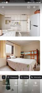 two pictures of a kitchen and a bedroom with a bed at Apartamento Próximo ao Mar in Praia Grande