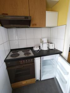 una piccola cucina con piano cottura e frigorifero di City 2- room flat near uni and Limbecker Platz a Essen