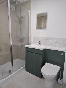 uma casa de banho com um chuveiro, um WC e um lavatório. em bEaUtiFUL and Bright !! Town/Harbour apartment #2 em Penzance
