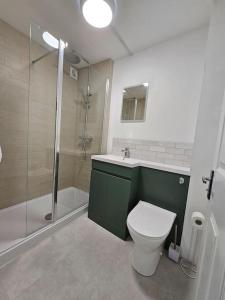 a bathroom with a shower sink and a toilet at BeAuTIful and Bright !! town/harbour apartment #1 in Penzance