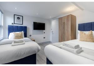 1 dormitorio con 2 camas y TV en la pared en Cozy and Stylish 2 BR flat in Greater London, en Londres