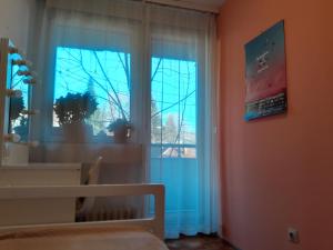 Dormitorio con ventana, cama y ventana en Cosy single room with balcony in top location, en Sarajevo