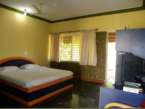 um quarto com uma cama, uma televisão e uma janela em Palaka Resorts & Water Sports 