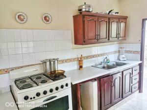 uma cozinha com um fogão e um lavatório em Villa Milly Cabrera 