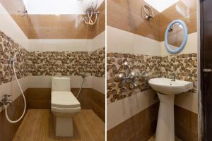 two pictures of a bathroom with a toilet and a sink at Hotel Alpine Glow Heights in Trimulgherry