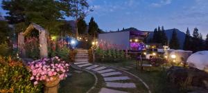ogród w nocy z kwiatami i światłami w obiekcie Chill & View w mieście Ban Huai Phai