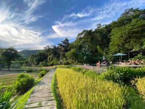 a walkway through a field of grass next to a river at Fern Resort Mae Hong Son in Mae Hong Son