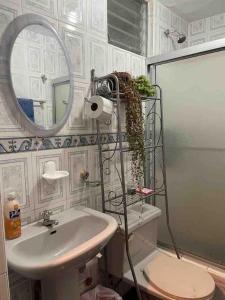 W łazience znajduje się umywalka, toaleta i lustro. w obiekcie Villa Paquita - Arco de Bellavista w mieście Riobamba