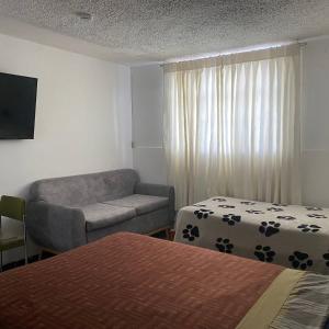 ein Wohnzimmer mit 2 Betten und einem Sofa in der Unterkunft Calu L' Petit Hostel in Quito
