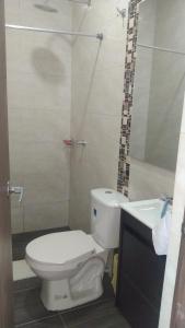 ein Badezimmer mit einem weißen WC und einem Waschbecken in der Unterkunft Casa Condominio Flandes / Giradot in Flandes