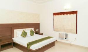 Un dormitorio con una cama con almohadas verdes y una ventana en Hotel Mani Ram Palace Agra, en Agra