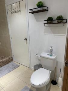 a bathroom with a toilet and a shower at Alexia's Stay in Portmore