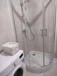 pralka w łazience z prysznicem w obiekcie Apartament Karoliny 2 self check-in, parking w mieście Rzeszów