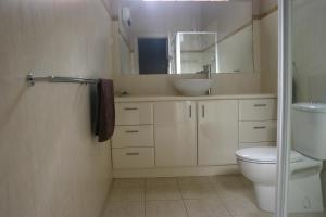 un bagno con un water, un lavandino e uno specchio di Primrose Cottage ad Albury