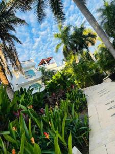 uma casa com palmeiras e plantas em frente em Villa Gardens, Beach Front (Santuarios de la bahia em Nuevo Vallarta 