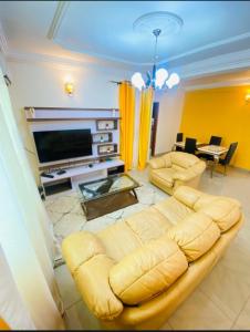 Guesthouse & énergie في دوالا: غرفة معيشة بها أريكة وتلفزيون