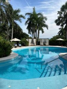 a large blue swimming pool with palm trees in the background at Villa Gardens, Beach Front (Santuarios de la bahia in Nuevo Vallarta