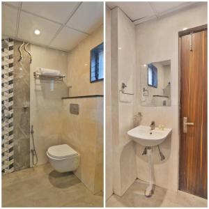 two pictures of a bathroom with a toilet and a sink at Gulmohar inn in Lucknow