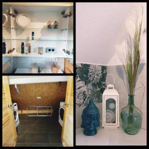 a collage of three pictures of a bathroom with a vase at Familien-Apartment SchmitTs Katz 
