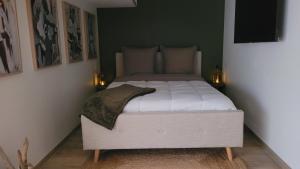uma cama num quarto com uma parede verde em Ô Plaisir Ô Désir em Étaples