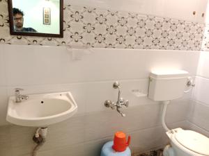 a bathroom with a sink and a toilet and a mirror at HOTEL SUNANDA LODGE in Belgaum