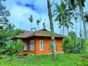 a small orange house in a field with palm trees at Himadri Retreat Homestay Wayanad in Kaniyāmbetta