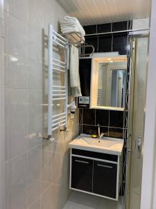 a bathroom with a sink and a mirror at Bella Suit Apart Hotel in Isparta