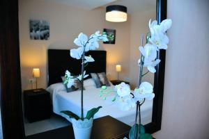 un espejo con jarrones con flores blancas delante de una cama en Villa Playa Blanca, en Playa Blanca
