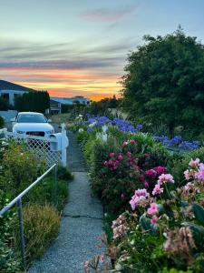 a garden with flowers and a car on a driveway at River Cottage in Blenheim