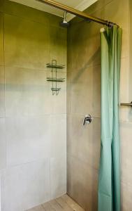 a shower with a green shower curtain in a bathroom at Robyns Nest 2 Studio Cottage in Kloof