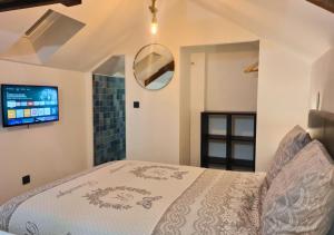 1 dormitorio con 1 cama y TV en la pared en La Suite Du Mo'Mans, en Le Mans