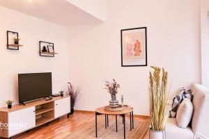 uma sala de estar com um sofá e uma televisão em City-Suite, Zentral / Tiefgarage em Straubing