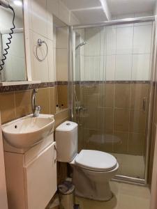W łazience znajduje się toaleta, umywalka i prysznic. w obiekcie Taksim BrickTown Suite w Stambule