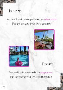 two pictures of a pool with a pink swan at Villa Prana in La Saline les Bains