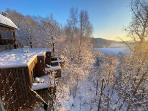 eine Hütte im Schnee mit Seeblick in der Unterkunft CHAMBRES PERCHEES in Weismes