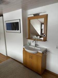 a bathroom with a sink and a mirror at Ferienhaus Fichte in Todtmoos