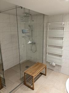 a shower with a bench in a bathroom at Ferienhaus Fichte in Todtmoos