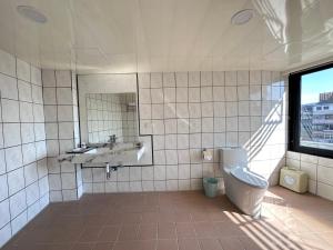 ein Badezimmer mit einem WC, einem Waschbecken und einem Spiegel in der Unterkunft 可青大飯店Grand Ke-Cing Hotel in Yilan