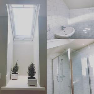 two pictures of a bathroom with a sink and a shower at Luxury rural retreat near Rutland water in Greetham