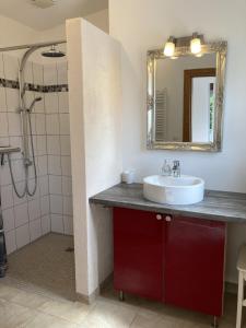 a bathroom with a sink and a mirror at Bullerbü Ferienhäuschen Arnis in Arnis