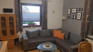 sala de estar con sofá gris y ventana en Günther, en Waren