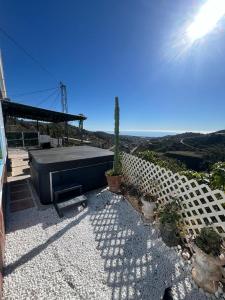 Iznate的住宿－Casa Rural Málaga Monkey Love con jacuzzi，一座带床垫和仙人掌的庭院