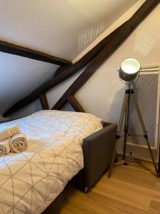 - une chambre mansardée avec un lit et un tripod dans l'établissement Atypique et central, 4 personnes et garage privé, à Bourges 1 autre photo