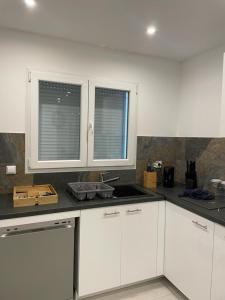 uma cozinha com armários brancos, um lavatório e duas janelas em Villa Lancrans em Lancrans