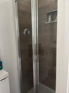 a shower with a glass door in a bathroom at Modern Centrally Located Flat in Hastings