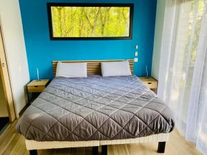 1 dormitorio con 1 cama con pared azul en Deux suites proche MEETT & aéroport, en Aussonne