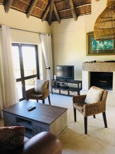 a living room with a fireplace and a tv at Wild Rose Country Lodge in Noordhoek